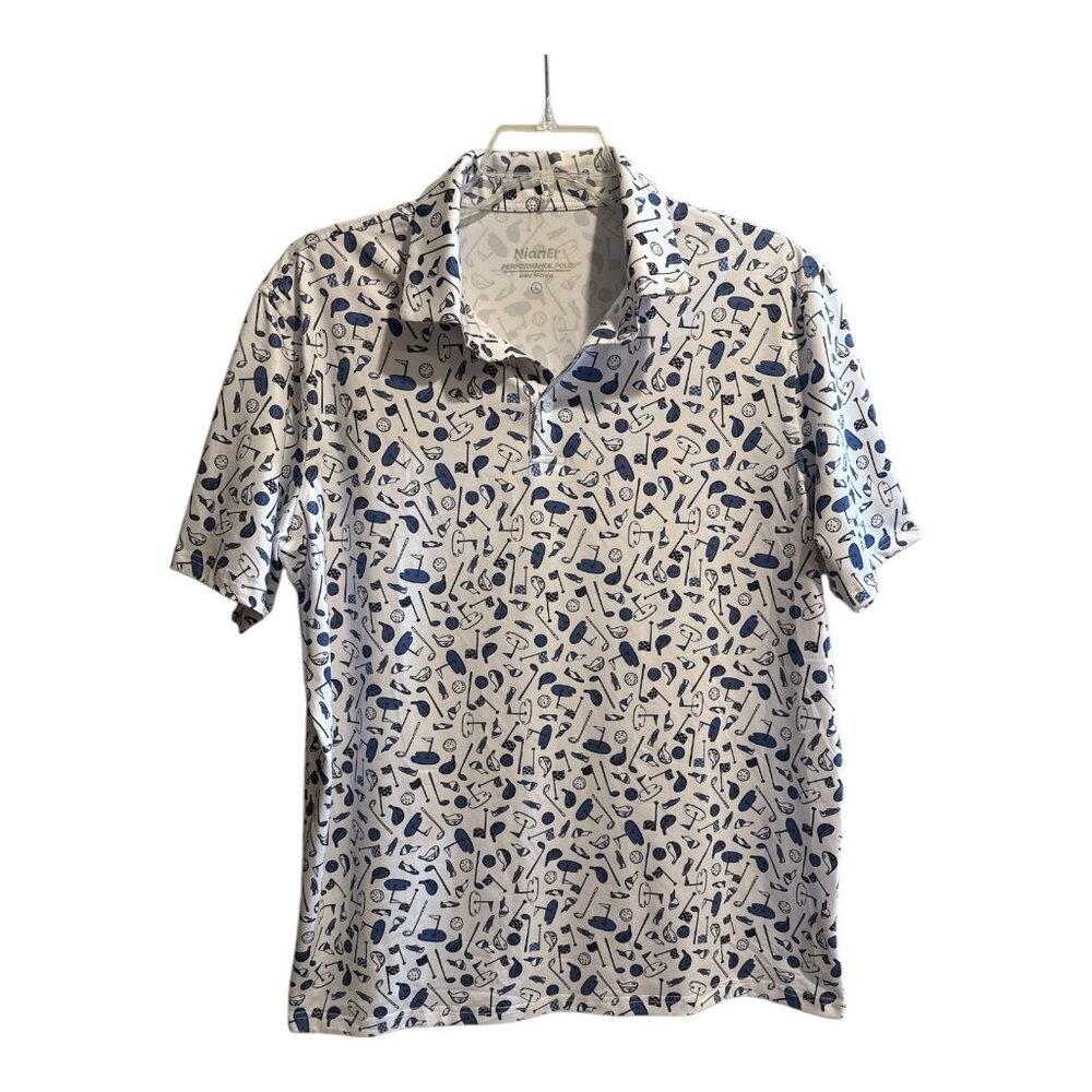 Nian Er Performance Pro White & Blue Fun Short Sleeve Polo Golf Shirt Men's Sz L